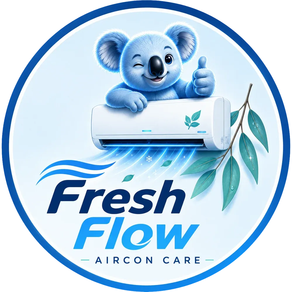 The Fresh Flow secondary mascot badge: a circular mark with a blue koala giving a thumbs up over a wall-mounted air conditioner, cooled air and a eucalyptus branch, above the Fresh Flow wordmark and AIRCON CARE descriptor.
