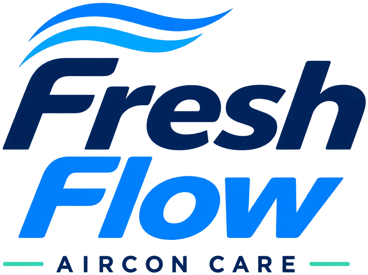 The Fresh Flow Aircon Care primary wordmark: two blue airflow waves arcing above the word “Fresh” in deep navy and “Flow” in electric blue, with the widely spaced descriptor “AIRCON CARE” beneath, framed by two short mint rules.