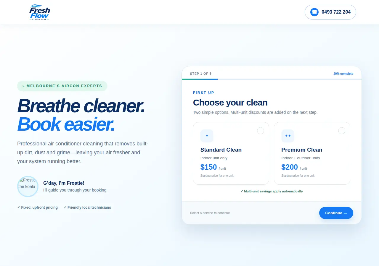 Fresh Flow booking page: step one of three, asking the customer to choose between a standard and a premium clean, with a progress indicator.