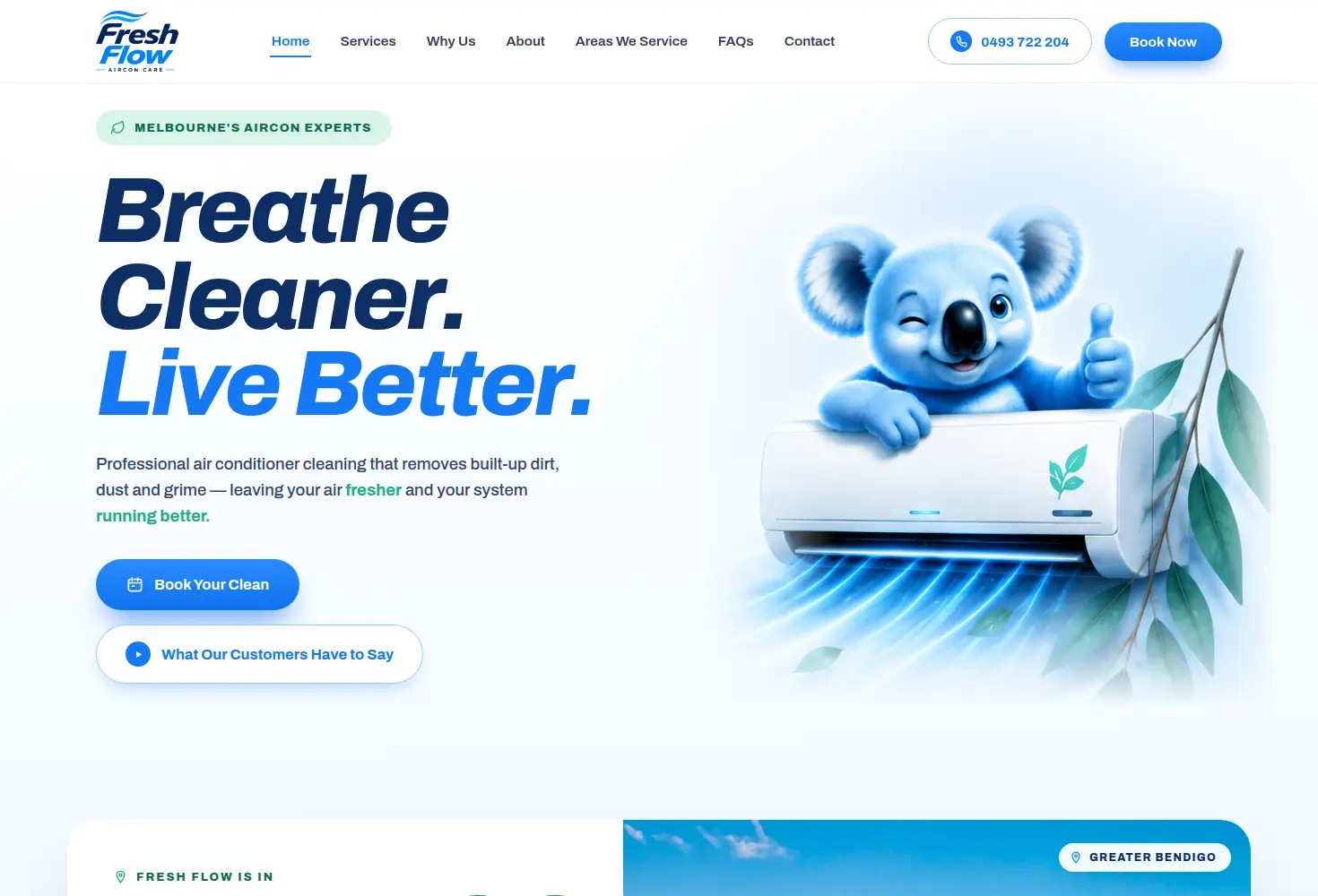 Fresh Flow homepage on desktop: the headline “Breathe Cleaner. Live Better.”, a short description of the cleaning service, and buttons to book a clean or watch customer reviews.