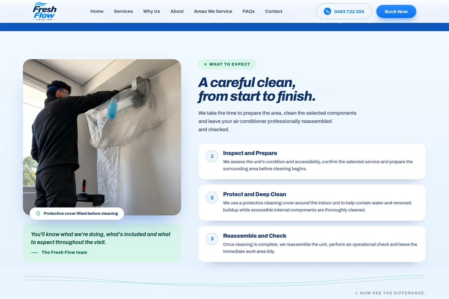 Fresh Flow process section: a photograph of a technician cleaning a wall-mounted unit beside three numbered steps explaining what happens during a visit.