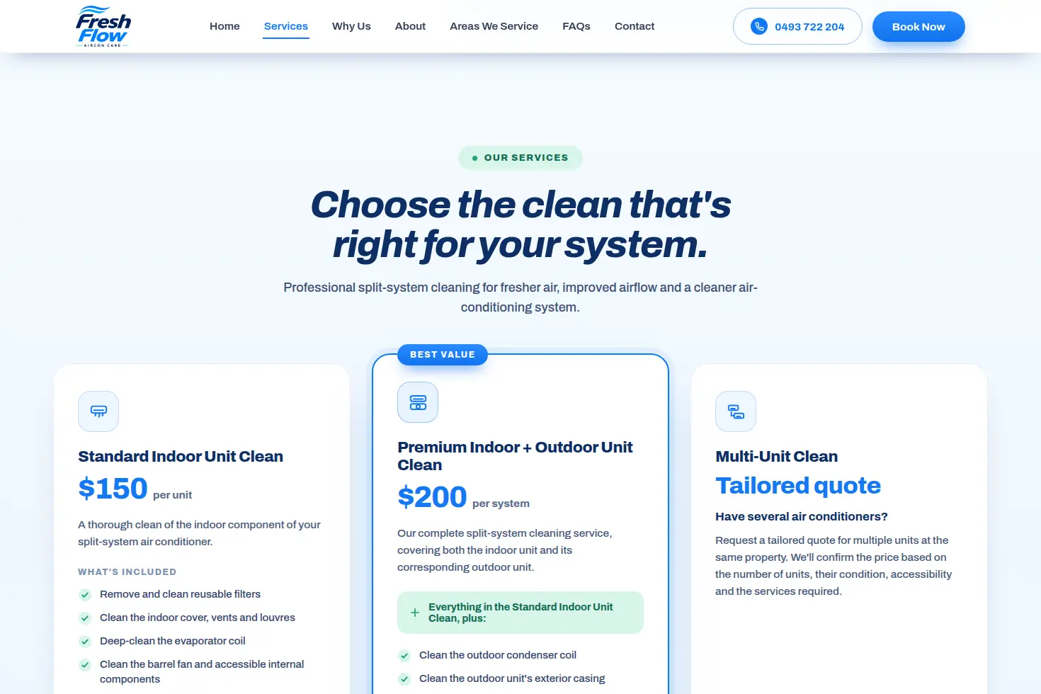 Fresh Flow services section: three cleaning options shown side by side with prices, inclusions and a highlighted best-value option.