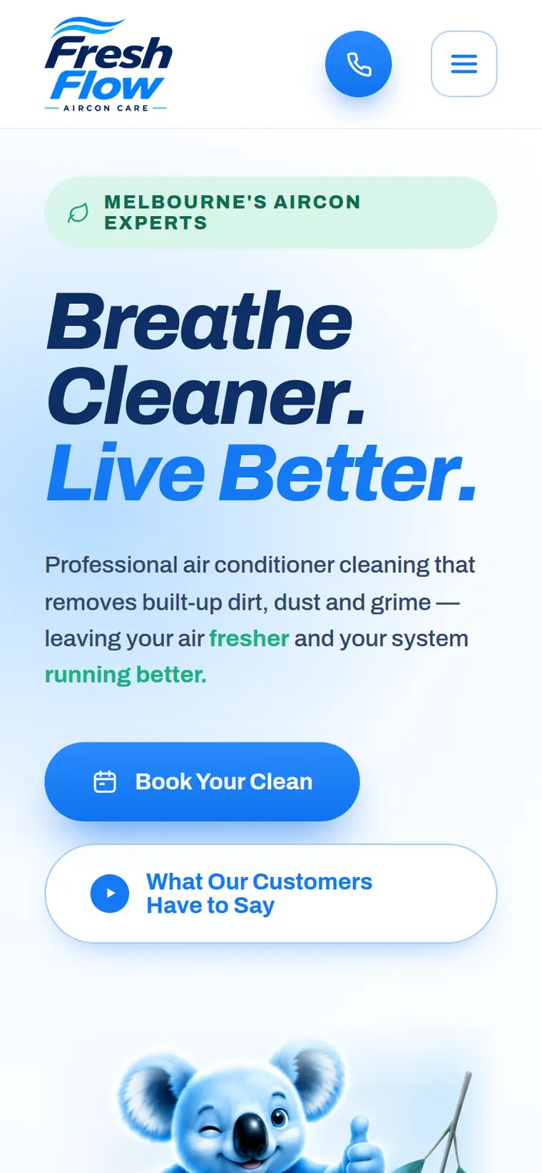 Fresh Flow homepage on a phone: the same headline and description stacked in one column, with a full-width booking button.